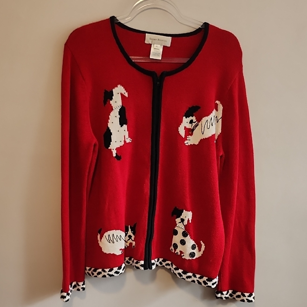 Susan Bristol Red Full Zip Festive Cardigan Dog Motif Animal Print Cottagecore - Picture 3 of 11